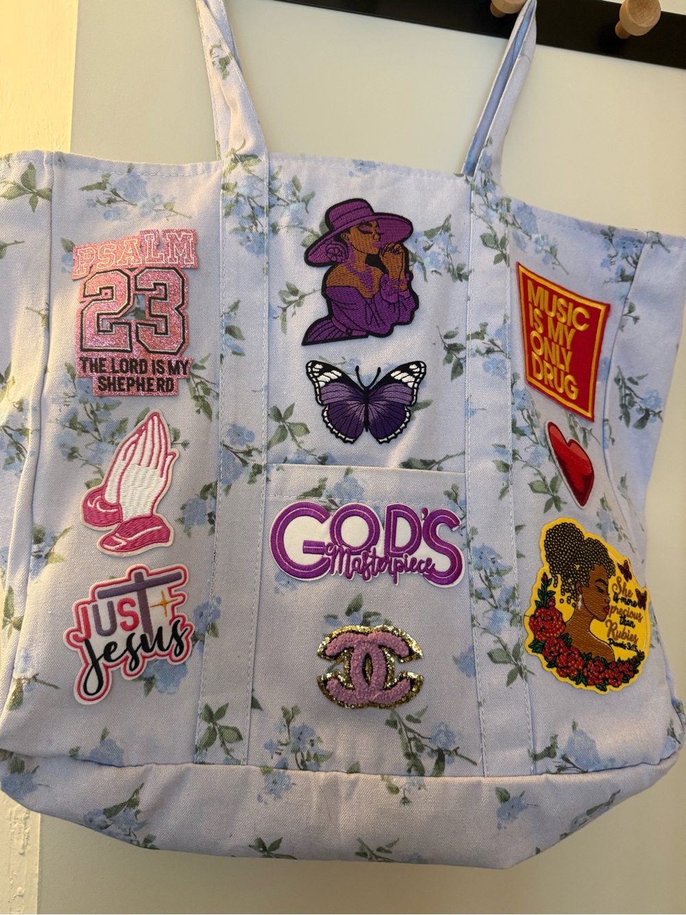 Floral Patchwork Lavender Tote Bag with Inspirational Patches